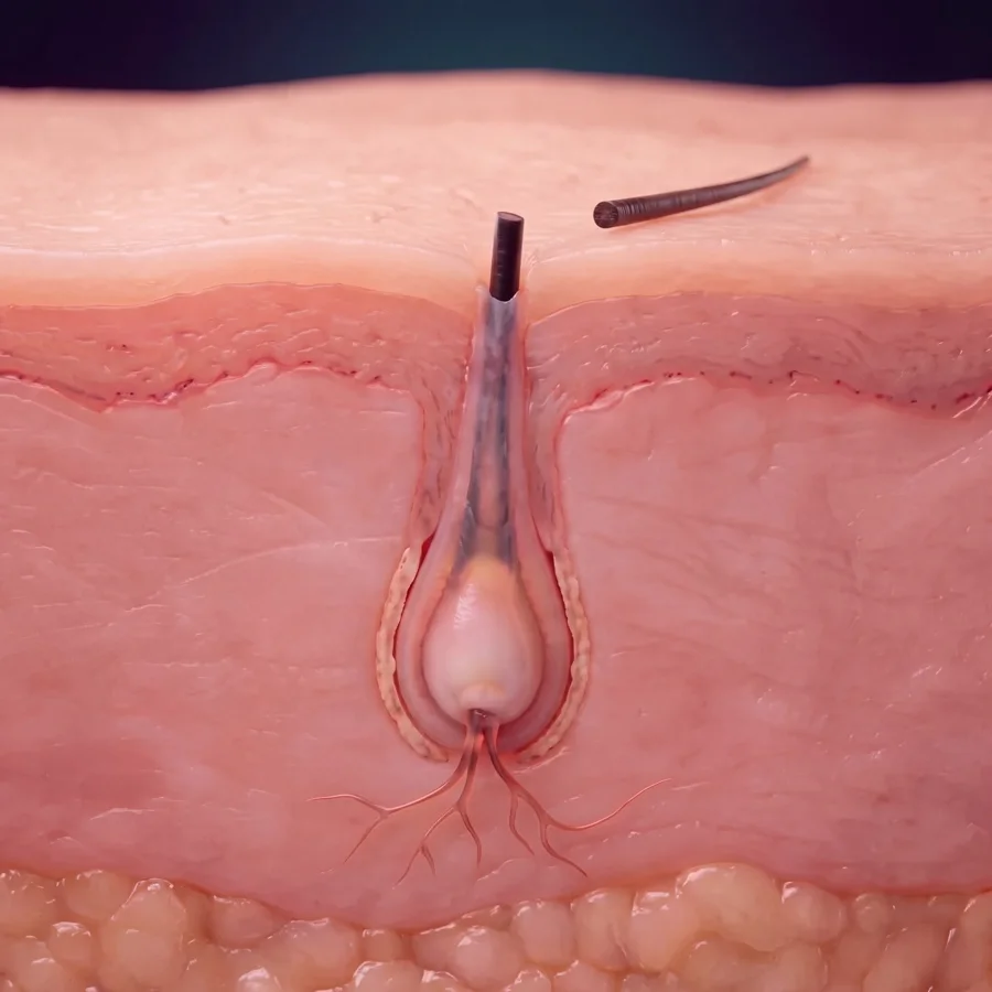 Medical illustration: in the first weeks the transplanted hair sheds while the follicle stays anchored in the scalp