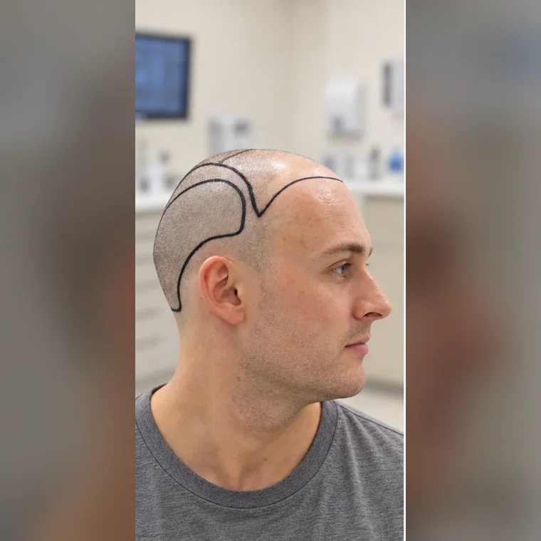 Hairline, Mid-Scalp & Crown, before, the design drawn, shaved for surgery, Hair Transplant Design Tampa