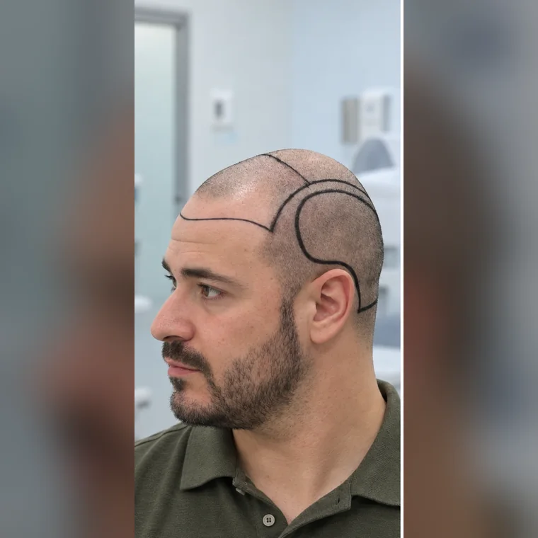 Receding Temples Rebuilt, before, the design drawn, shaved for surgery, Hair Transplant Design Tampa