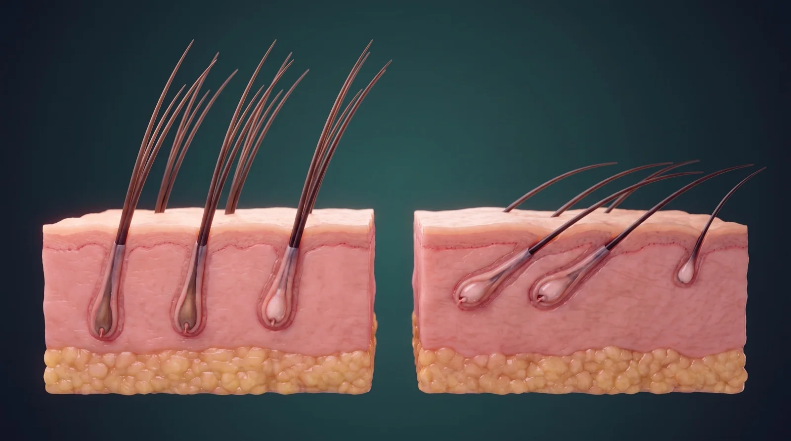 Medical illustration comparing scalp skin, where hairs rise at a steep angle, with cheek skin, where beard hairs lie much flatter