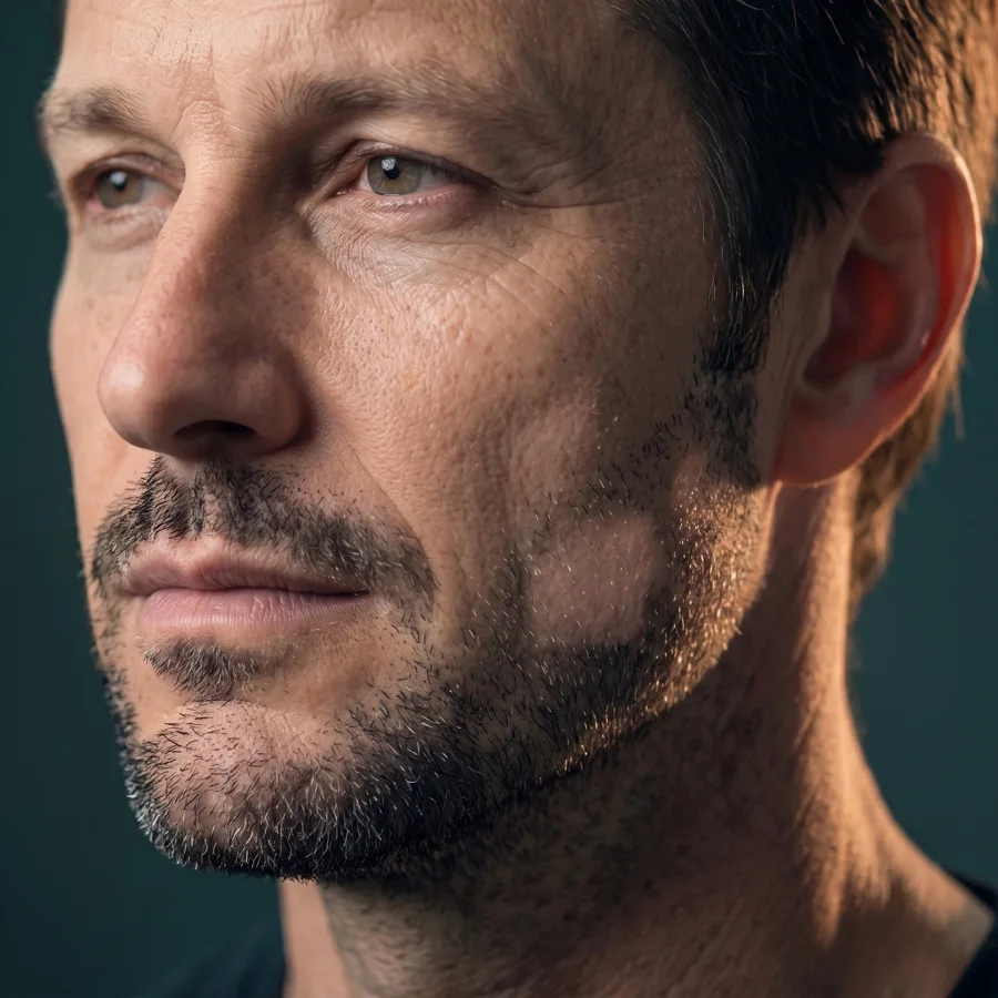 Illustration of patchy beard growth: bare spots on the cheek between areas that grow