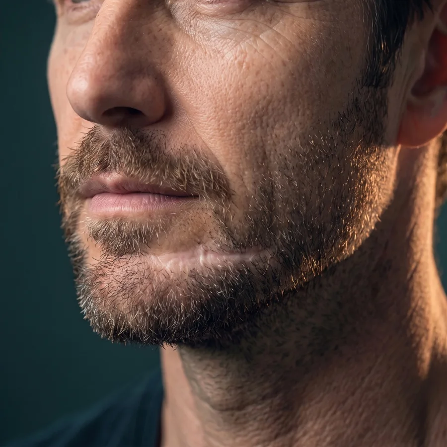 Illustration of a healed scar line running through a beard where no hair grows