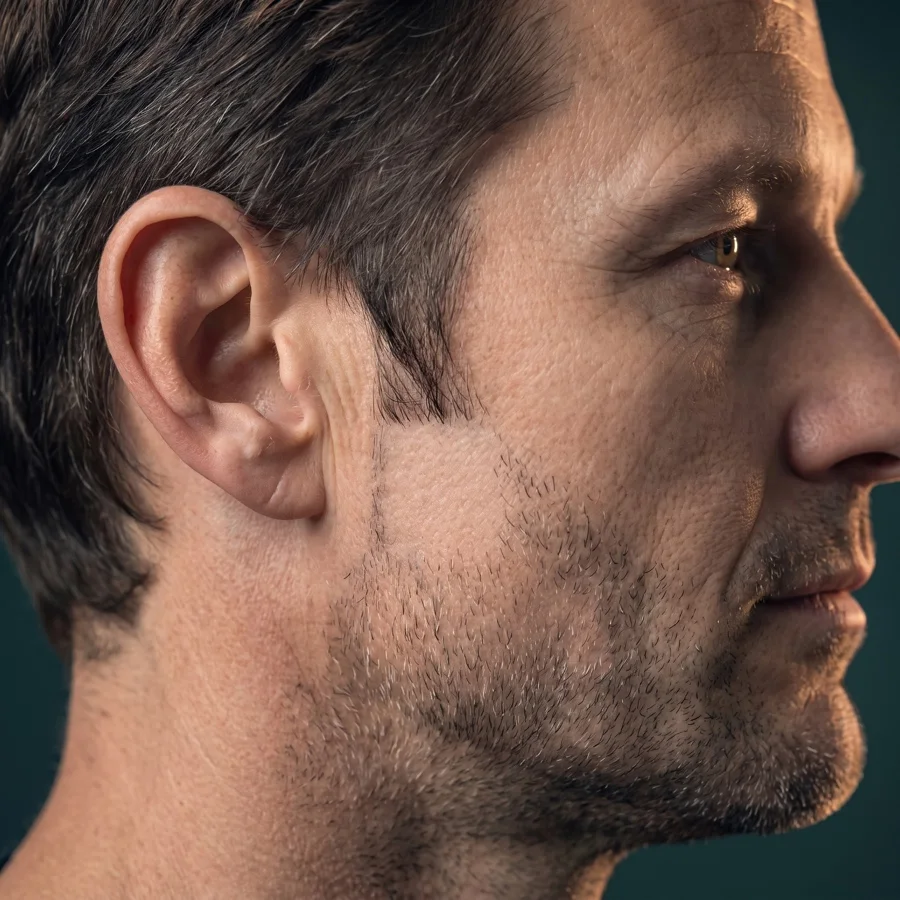 Illustration of a thin sideburn that stops short of the cheek beard