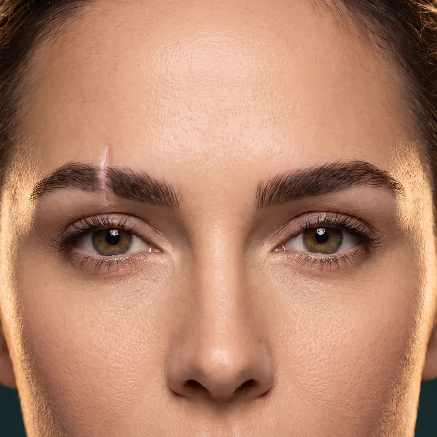 Illustration of a healed scar cutting a hairless gap through an eyebrow