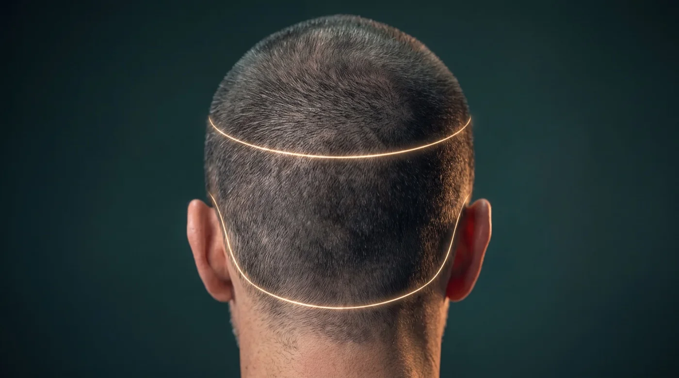 Illustration of the back of a head with the donor zone outlined in gold: the dense band of hair above the nape and behind the ears