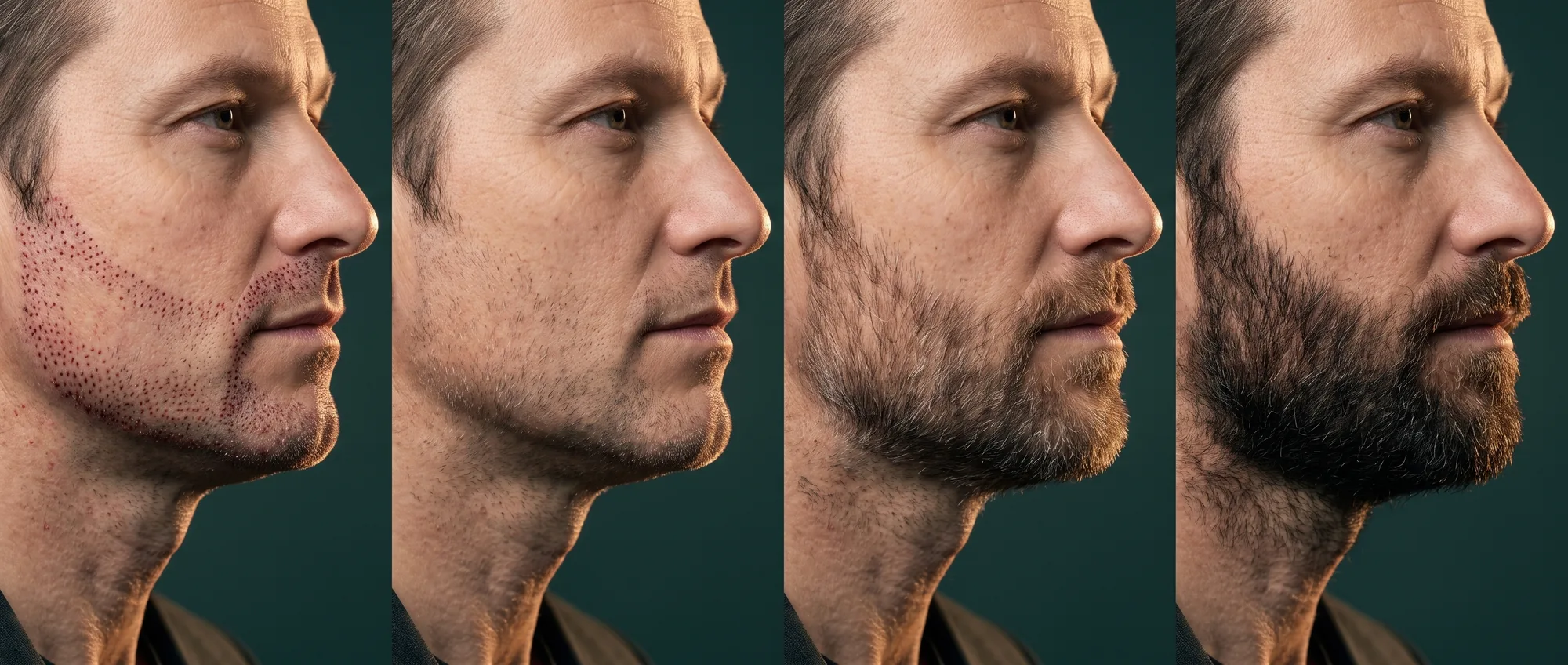 Cuatro etapas de la recuperación de un injerto de barba en el mismo rostro: injertos recientes, primera barba incipiente, barba que se va poblando, resultado final