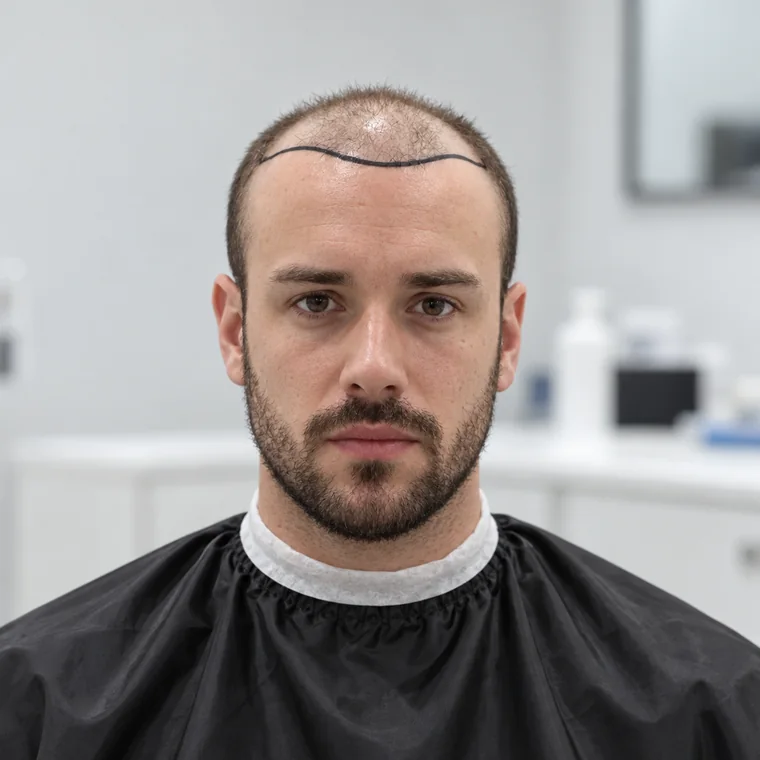 Línea frontal, antes, el diseño dibujado sobre el paciente, Hair Transplant Design Tampa