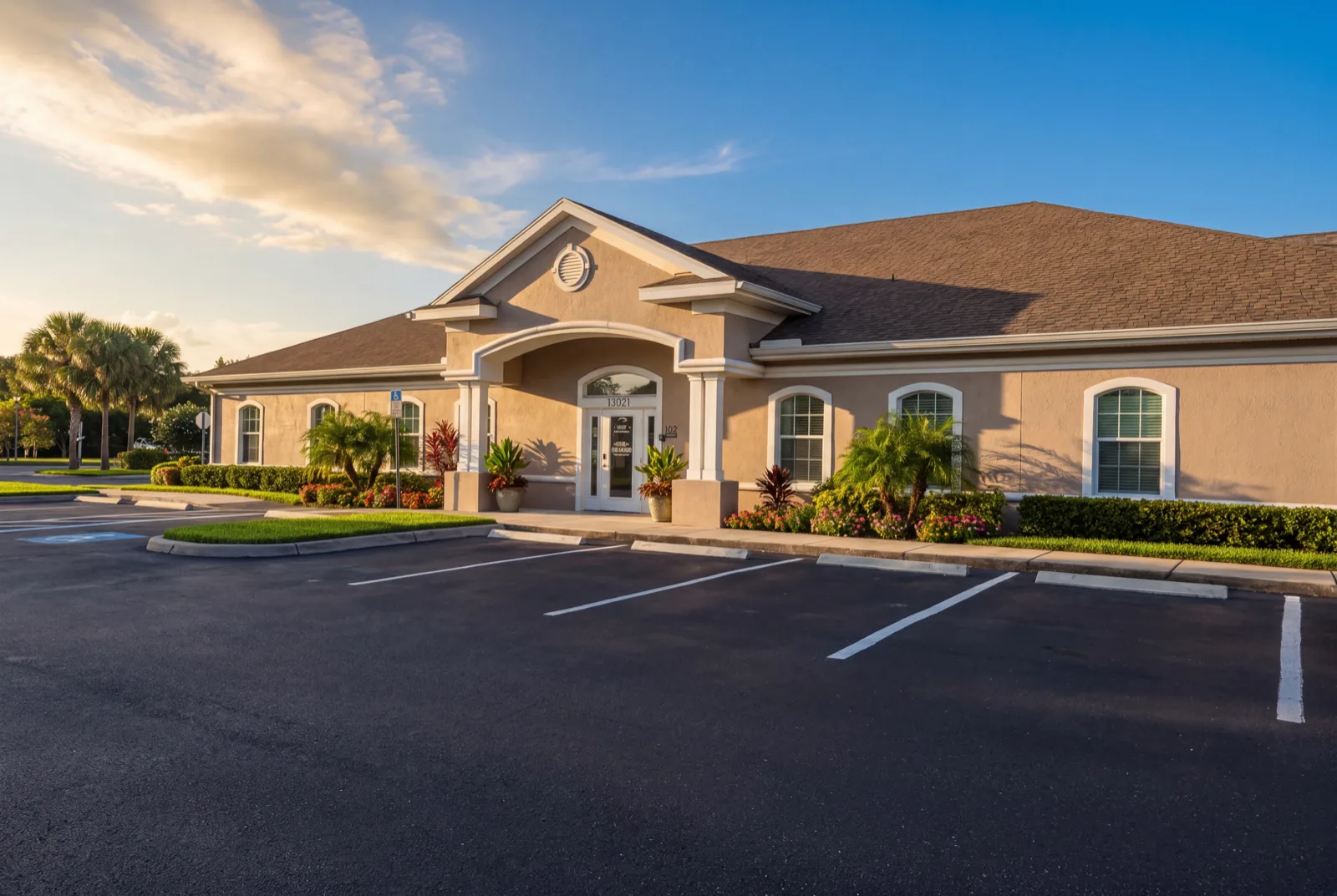 El edificio de Hair Transplant Design en 13021 W Linebaugh Ave, Unit 102, en Citrus Park, Tampa, con estacionamiento al frente