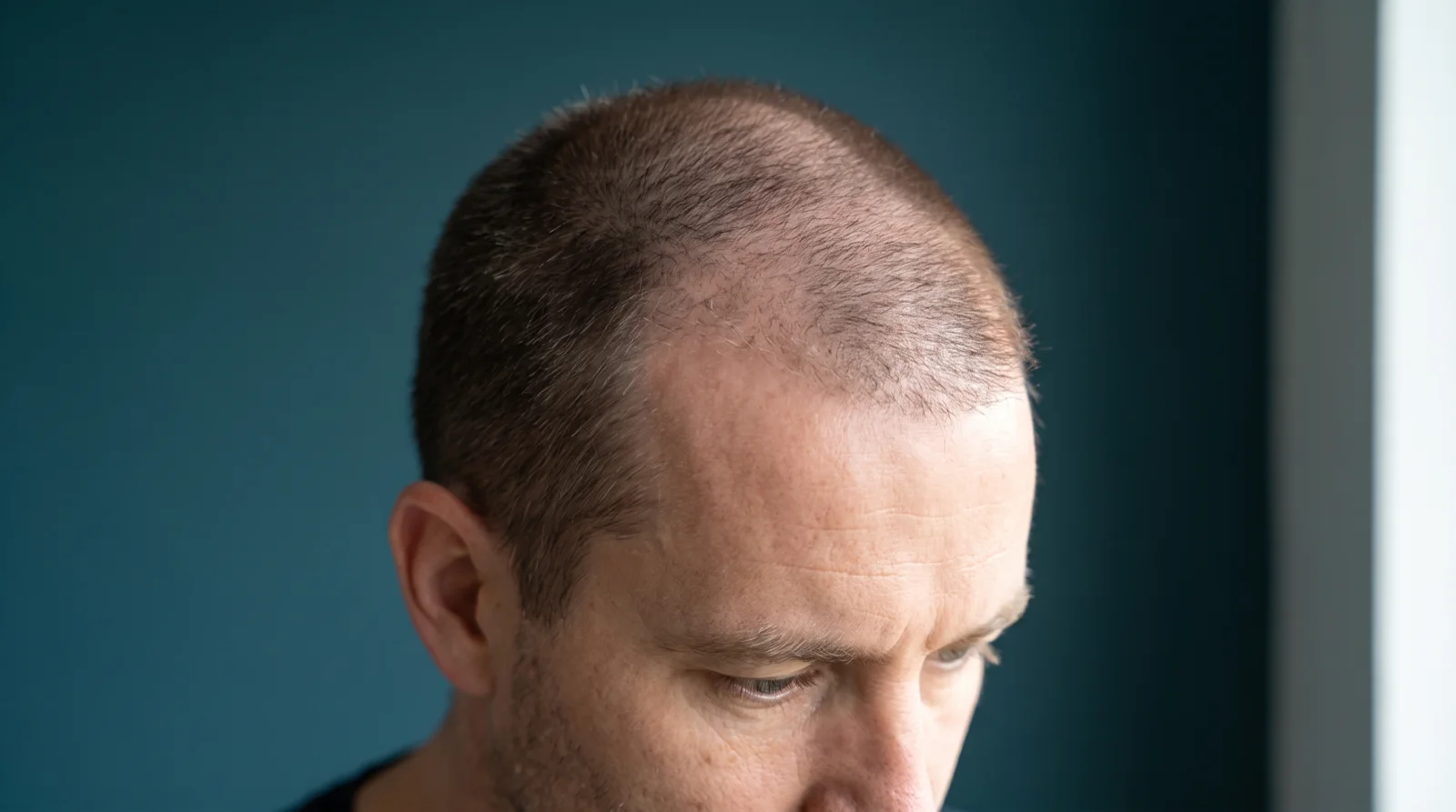 Primer plano de la línea frontal de un hombre cubierta de pelo nuevo, corto y fino, unos meses después de la cirugía