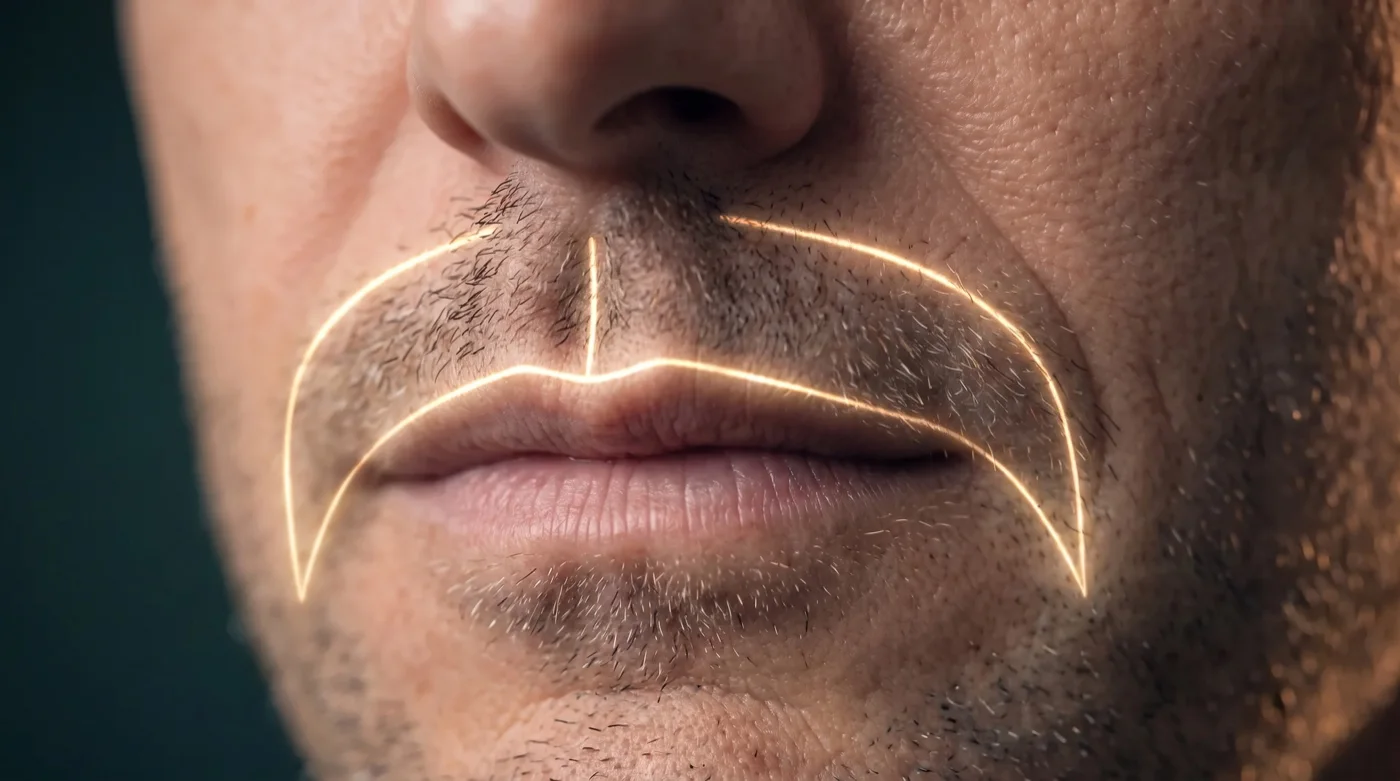 Ilustración de líneas doradas de diseño que trazan la forma prevista de un bigote sobre un labio superior con poco pelo