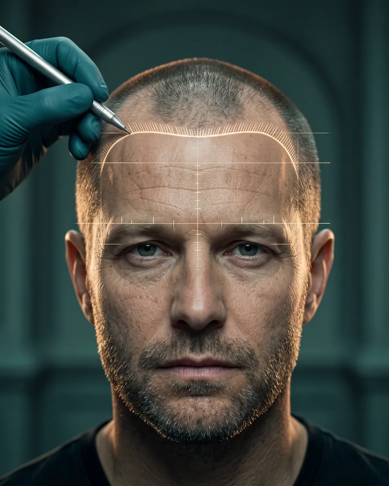 Ilustración: una mano con guante dibuja en oro una nueva línea frontal sobre un hombre con entradas, con guías de proporción facial sobre su rostro