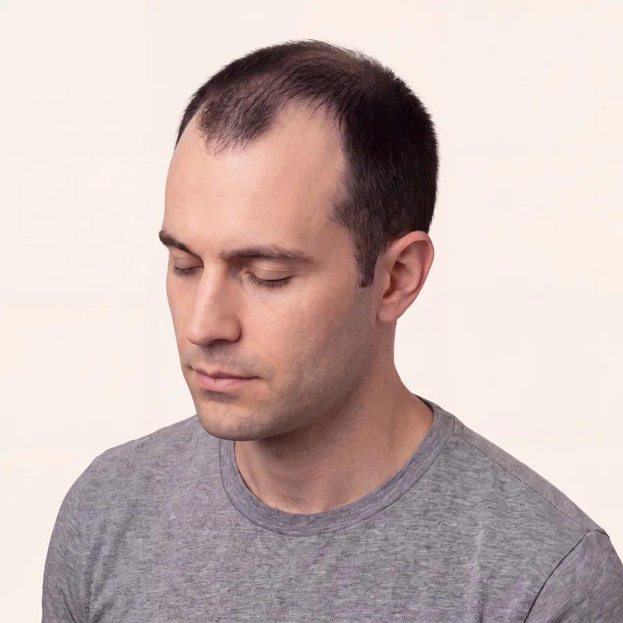 Ilustración médica de la alopecia androgénica masculina en etapa Norwood IV sobre el mismo modelo, con el pelo donante intacto