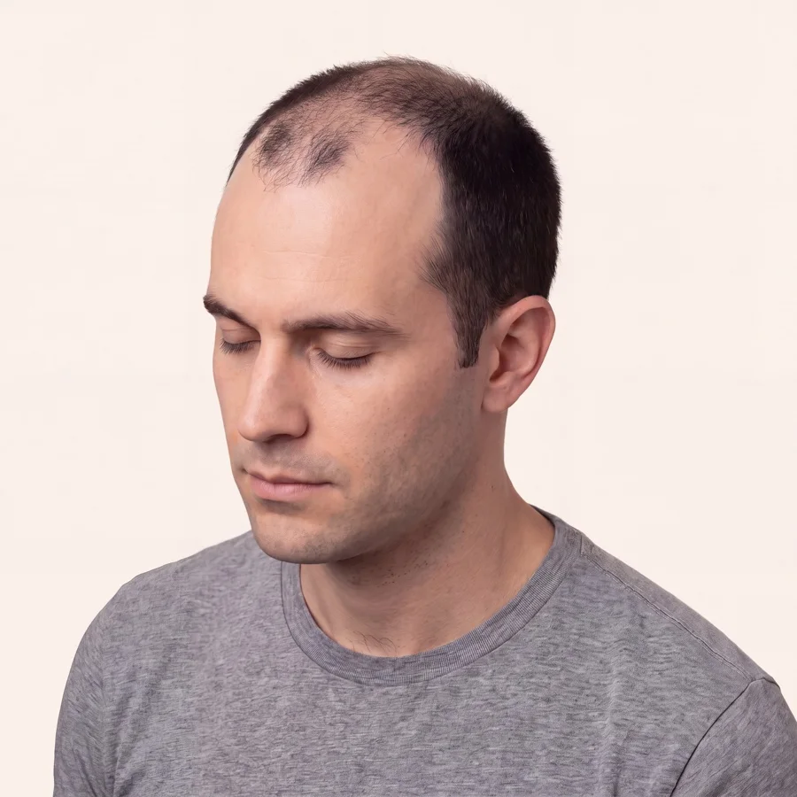 Ilustración médica de la alopecia androgénica masculina en etapa Norwood V sobre el mismo modelo, con el pelo donante intacto