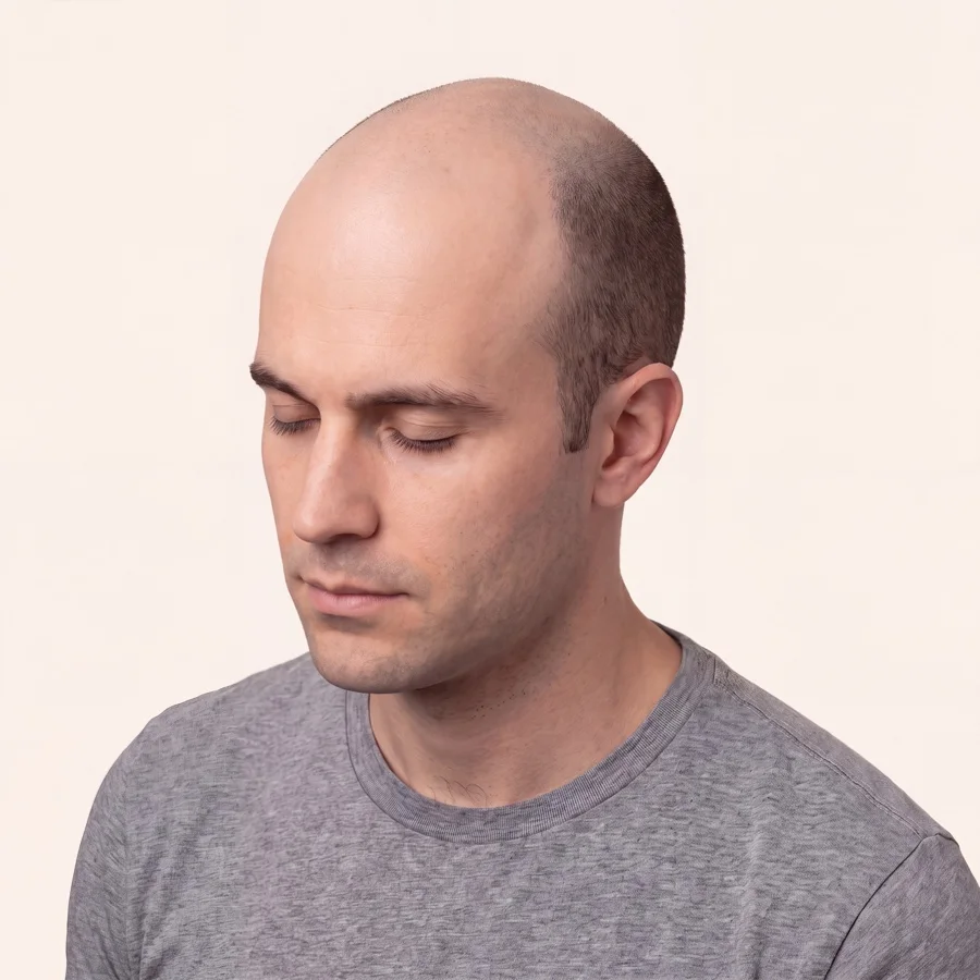 Ilustración médica de la alopecia androgénica masculina en etapa Norwood VI sobre el mismo modelo, con el pelo donante intacto