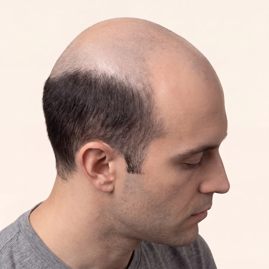 Ilustración médica de la alopecia androgénica masculina en etapa Norwood VII sobre el mismo modelo, vista de lado para que la banda donante densa sobre la oreja y alrededor de la nuca siga visible