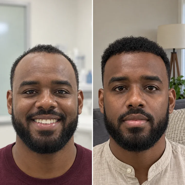 Línea frontal y entradas, antes y después, Hair Transplant Design Tampa