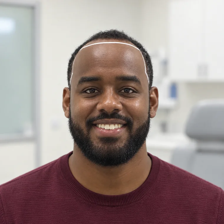 Línea frontal y entradas, antes, el diseño dibujado sobre el paciente, Hair Transplant Design Tampa