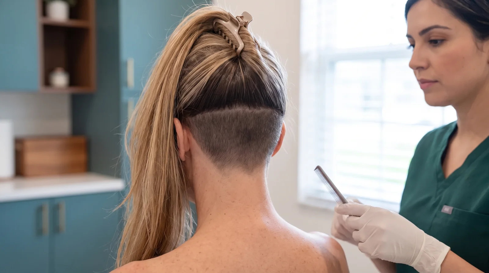 Nuca de una mujer con el pelo de arriba recogido y la zona donante recortada a un largo corto y uniforme