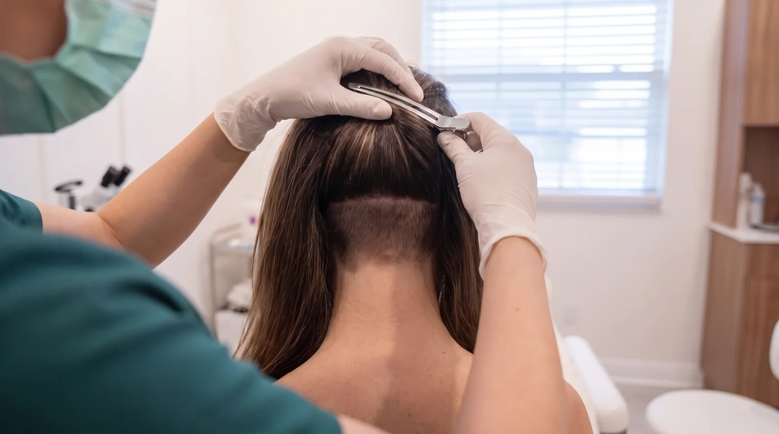 Pelo largo sujeto con una pinza que deja ver una franja estrecha recortada en la nuca, oculta cuando caen las capas