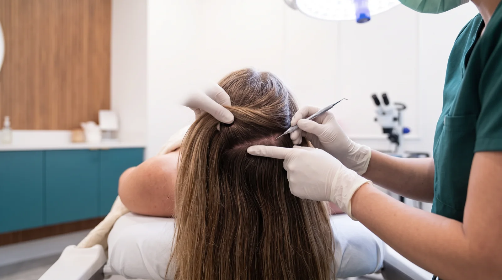 Nuca de una mujer con el pelo largo a su largo natural mientras una profesional con guantes levanta una sección para trabajar debajo