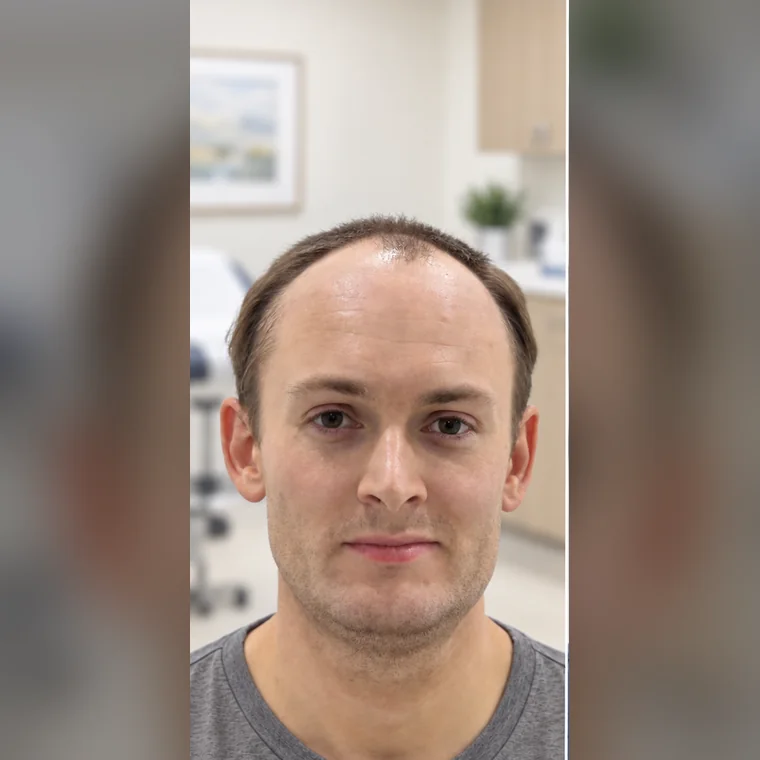 Línea frontal, zona media y coronilla, antes, vista frontal, Hair Transplant Design Tampa