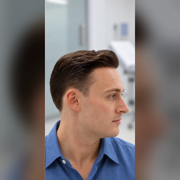 Línea frontal, zona media y coronilla, después, perfil, Hair Transplant Design Tampa
