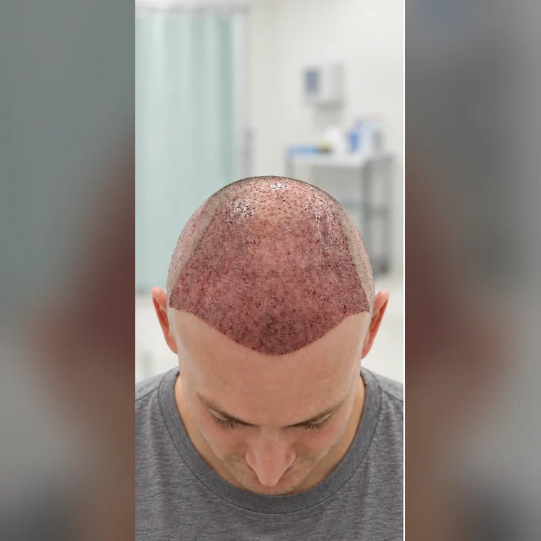 Línea frontal, zona media y coronilla, el día de la cirugía, desde arriba, Hair Transplant Design Tampa