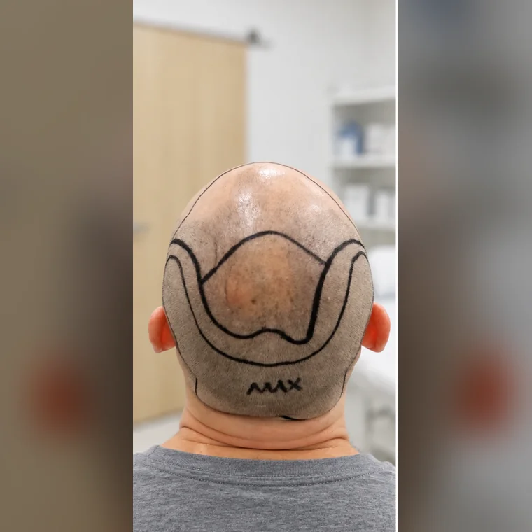 Línea frontal, zona media y coronilla, antes, el diseño dibujado, nuca, Hair Transplant Design Tampa
