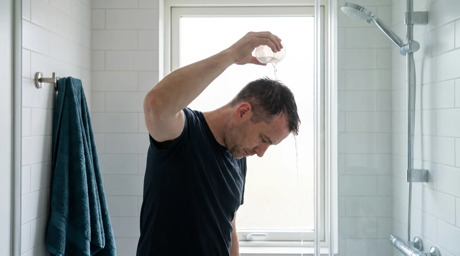 Hombre vertiendo con cuidado agua tibia sobre la parte alta de la cabeza desde un vaso, con la ducha apartada a un lado