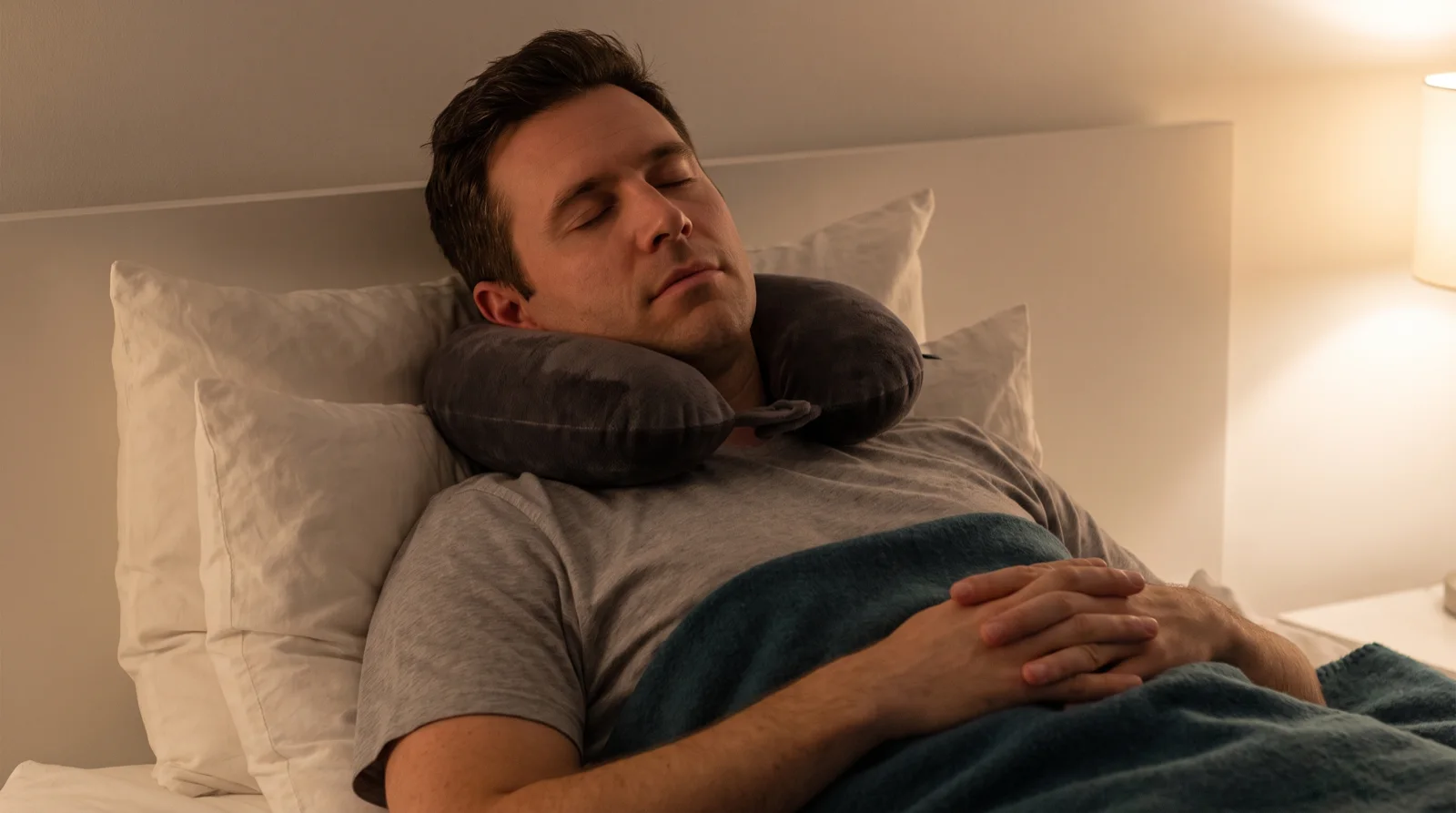 Hombre durmiendo boca arriba con la cabeza elevada sobre dos almohadas y una almohada cervical de viaje que la mantiene en su sitio