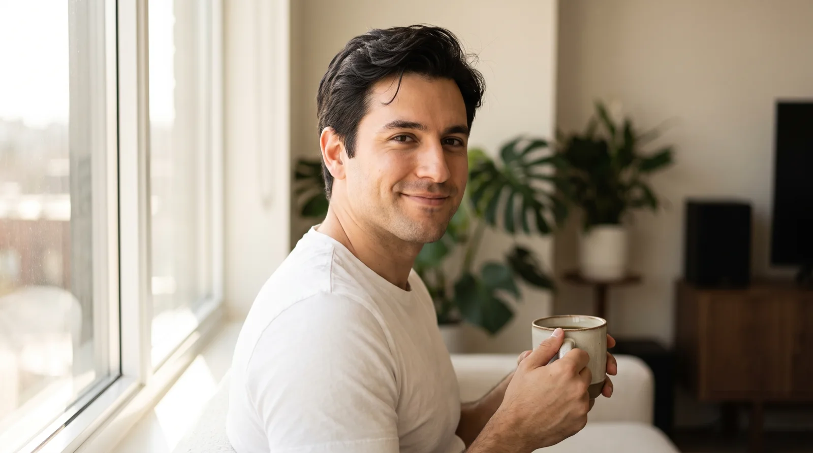 Young man with a full head of dark hair and a natural hairline, smiling by a bright window with a coffee
