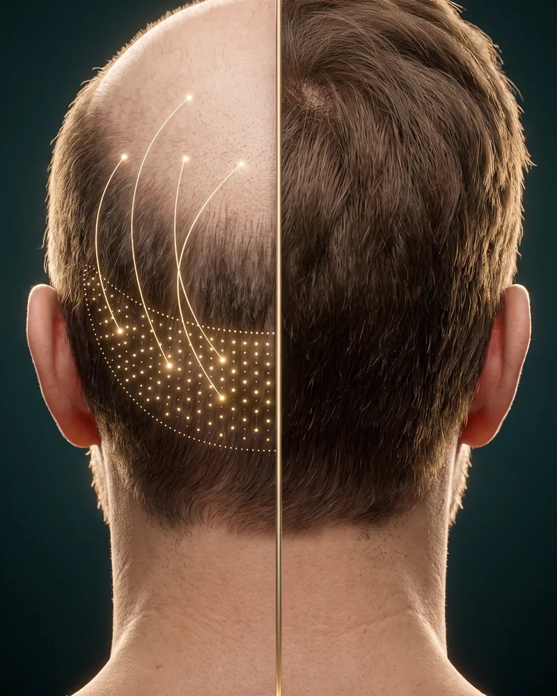 The back of a man's head: on one side the donor area marked with the follicular units to be taken and their path up to the thinning crown, on the other the same head with full hair